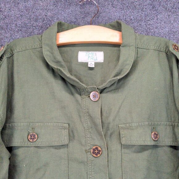 Time And Tru Button Up Linen Jacket Womens XL Long Sleeve Green Chest Pockets - Picture 3 of 14